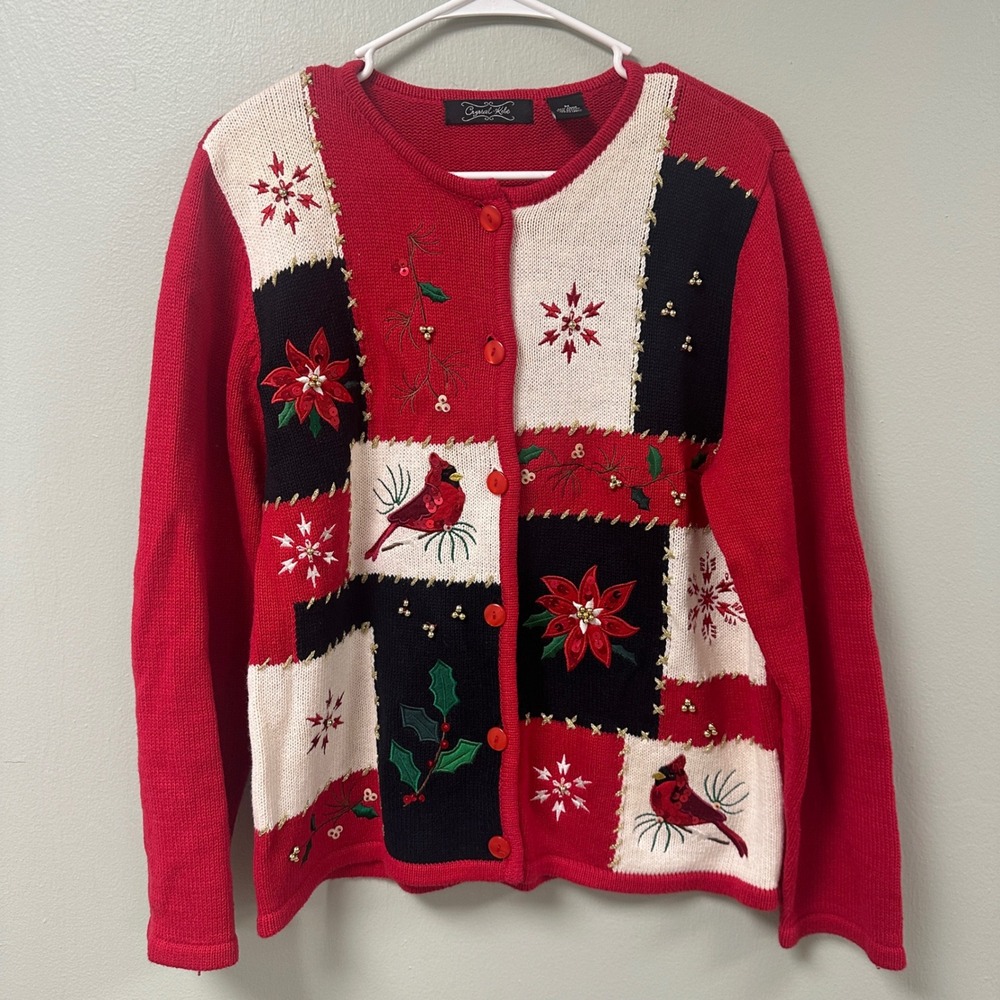 Crystal Kobe Christmas Cardigan Sweater Red Patchwork Cardinal Poinsettia Medium